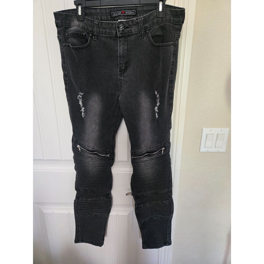 Hard Soda Men’s 32x32 Black Distressed Moto Biker Jeans Zipper Knee Skinny Denim